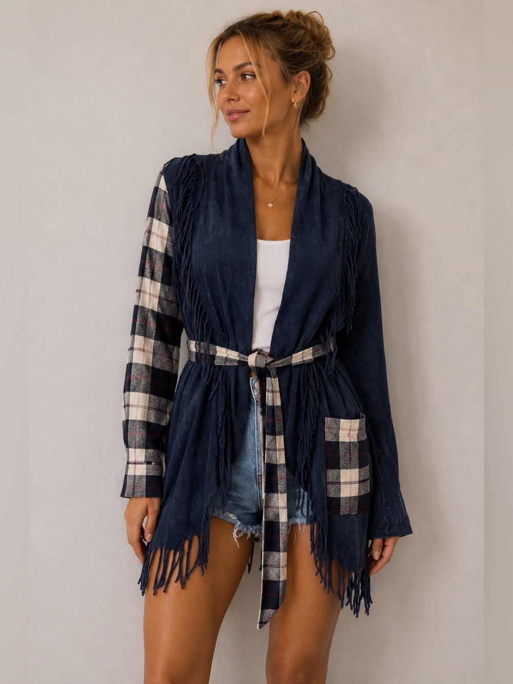 Patchington Upcycled Fringe Plaid Sleeve Jacket Cardigan Boho Western Shacket